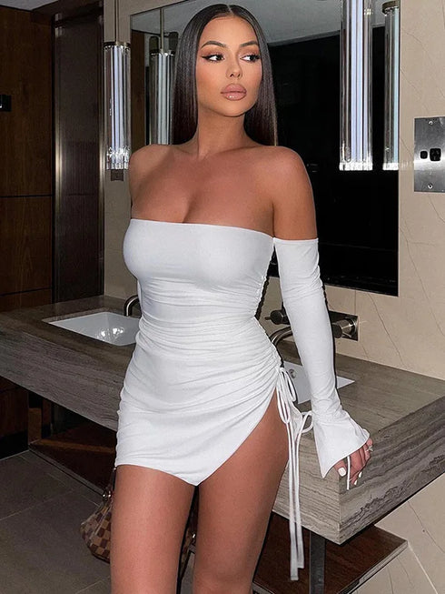 Sexy Off Shoulder Long Sleeve Pleated Tight Fit Dress for Women Party Club Evening